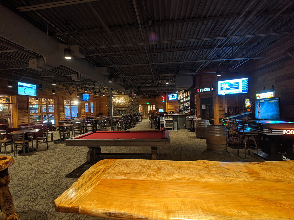 Restaurant interior with speakers and displays